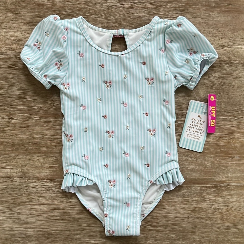 Tommy Bahama Toddler Girl Stripe Floral Puff Sleeve Swimsuit 2T 3T 4T 5T